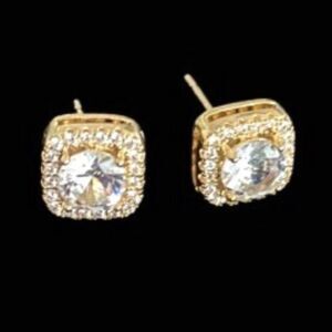 Fireframe Square Halo Earrings – .4” Gold Plate Brilliant Cut Crystal Studs